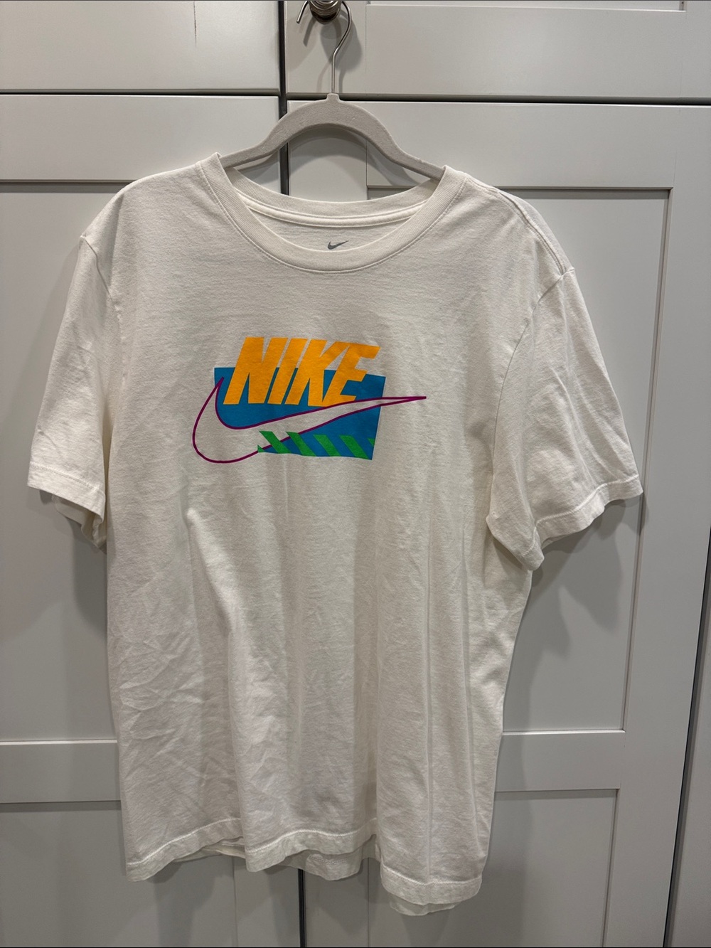 Nike White Short-Sleeve Tee with Multi-Color Graphic Logo